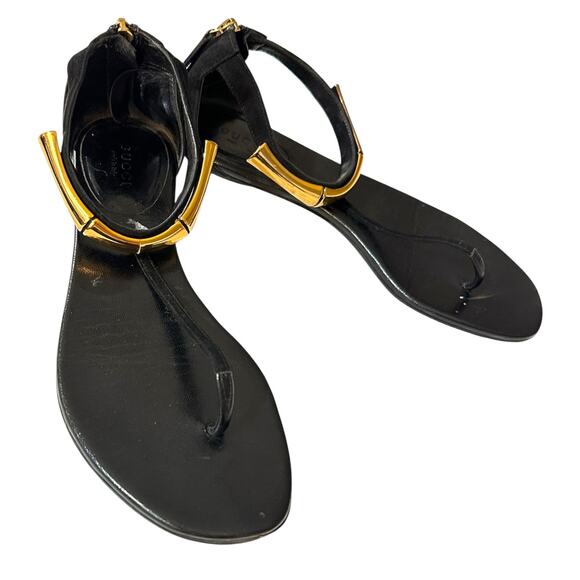 Gucci Coraline Nero Black Suede Thong T strap flats gold bamboo 2014 size 35.5 - Picture 3 of 15